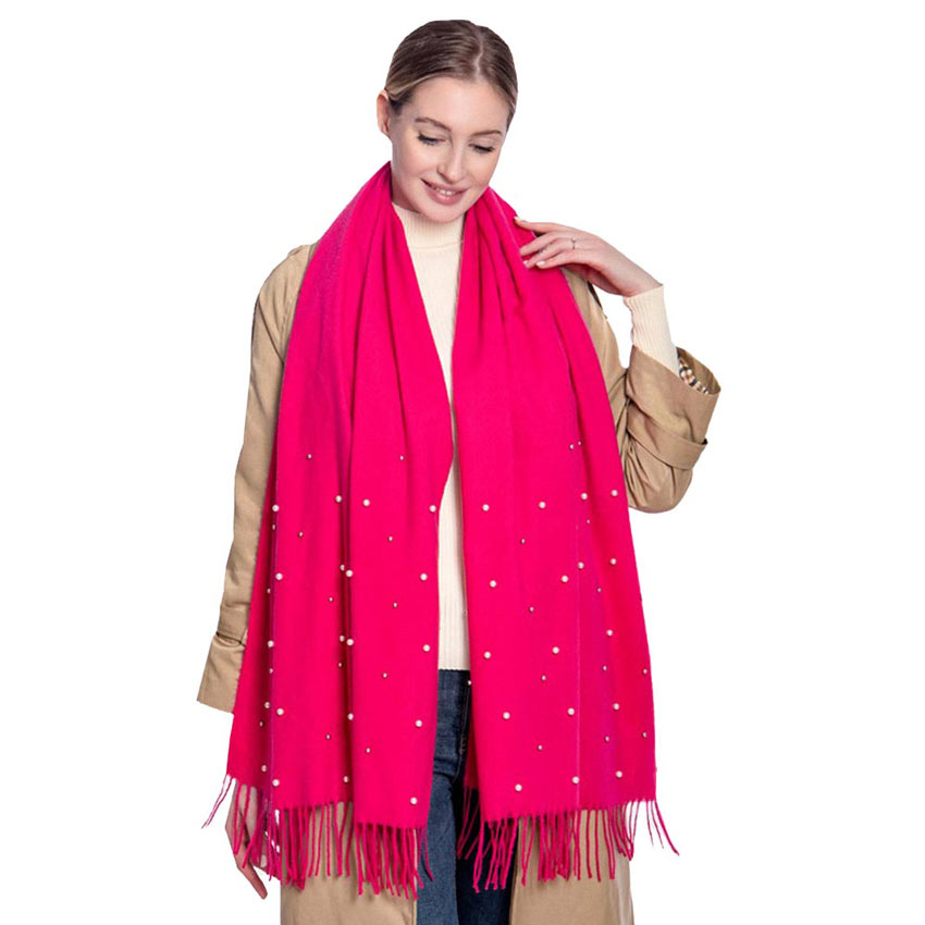 Fuchsia Pearl Embellished Solid Oblong Scarf, delicate, These Winter scarfs for women are elegant, and lightweight and can be added to any outfit to keep up with the latest color trends. Warm, on-trend & fabulous, a luxe addition to any cold-weather ensemble. Lovely pearl decoration makes you look chic and fashionable.