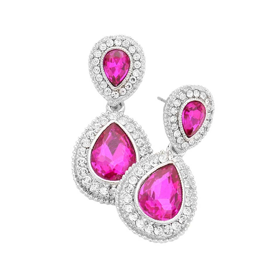 Fuchsia Crystal Accent Rhinestone Trim Teardrop Evening Earrings,  the perfect set of sparkling earrings, pair these glitzy studs with any ensemble for a polished & sophisticated look. Ideal for dates, job interview, night out, prom, wedding, sweet 16, Quinceanera, special day. Perfect Gift Birthday, Holiday, Christmas, Valentine's Day, Anniversary etc.