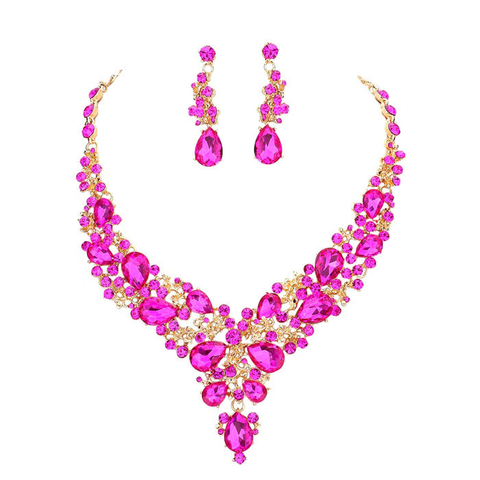 Fuchsia Round Teardrop Stone Accented Evening Necklace Beautifully crafted design adds a gorgeous glow to any outfit. Jewelry that fits your lifestyle! stunning evening necklace will sparkle all night long making you shine out like a diamond. perfect for a night out on the town or a black tie party. Perfect Gift for Birthday, Anniversary, Prom, Mother's Day Gift, Thank you Gift.