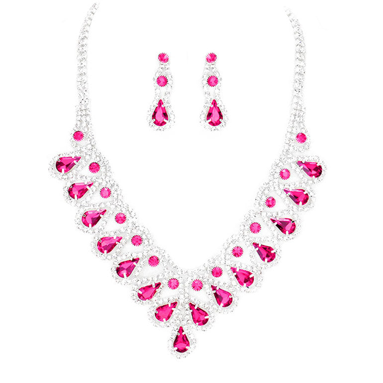 Fuchsia Silver Rhinestone Pave Crystal Teardrop Detail Fringe Necklace. Elegant. Beautifully crafted design adds a gorgeous glow to any outfit. Perfect for adding just the right amount of shimmer & shine and a touch of class to special events. Suitable for wear Party, Wedding, Date Night or any special events. Perfect Birthday, Anniversary, Prom Jewellery, Thank you Gift.