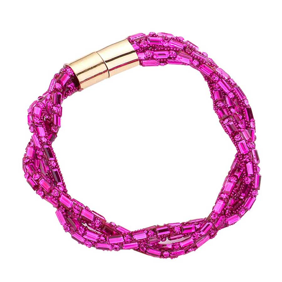 Fuchsia Stone Embellished Twisted Magnetic Bracelet, Glam up your look with this Magnetic bracelet. Make your vibe extra sparkly with this eye-catching arm candy. The magnet clasp keeps the bracelet secure on your wrist and makes it easy to wear and take off. This wide Twisted- style bracelet works well as a statement jewelry piece. Awesome gift for birthday, Anniversary, Valentine’s Day or any special occasion.