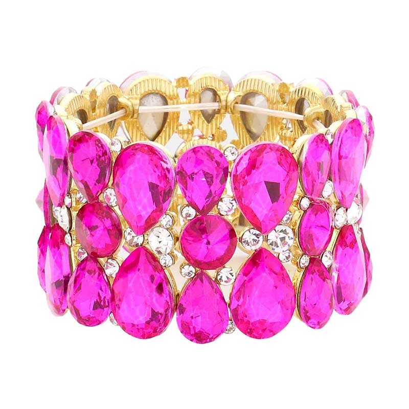 Fuchsia Teardrop Crystal Stretch Evening Bracelet, Teardrop have provided a great deal to emulate in the way of shapes, textures, and colors of the jewelry. Get ready with these Stretch Bracelet, put on a pop of color to complete your ensemble. It will make you more eye-catching in ceremony, reception, party, dance and other gorgeous events. Great gift idea for Birthday, Anniversary, Valentines Day or any special occasions.