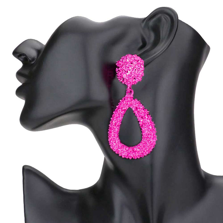 Fuchsia Textured Open Metal Teardrop Dangle Earrings, This earrings are classy and elegant, you will look stunning with this design. Look like the ultimate fashionista with these Earrings! Add something special to your outfit! It will be your new favorite accessory. Perfect Birthday Gift, Anniversary Gift, Mother's Day Gift, Graduation Gift, Prom Jewelry, Just Because Gift, Thank you Gift.