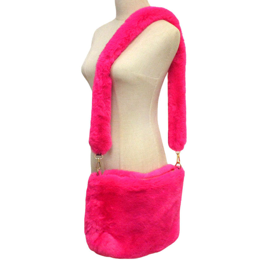 Fuchsia Zipper Closure Solid Faux Fur Crossbody Bag, This high quality evening Crossbody is both unique and stylish. perfect for money, credit cards, keys or coins, comes with a wristlet for easy carrying, light and simple. Look like the ultimate fashionista carrying this trendy  Solid Faux Fur Crossbody Bag!