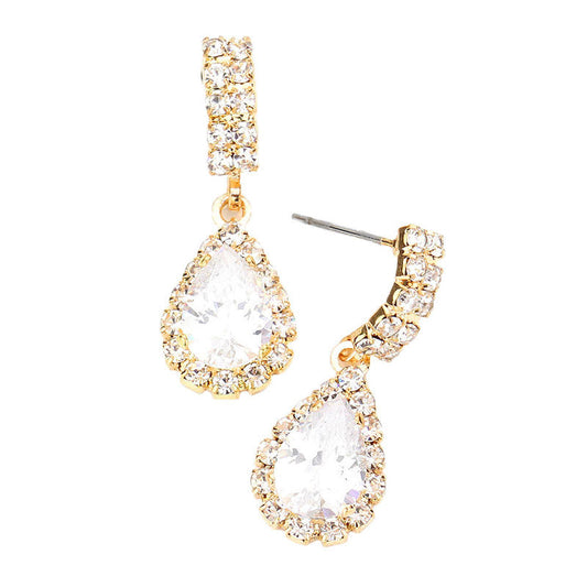 Gold CZ Embellished Curved Bar Teardrop Link Dangle Evening Earrings, put on a pop of color to complete your ensemble. Perfect for adding just the right amount of shimmer & shine and a touch of class to special events. Perfect Birthday Gift, Anniversary Gift, Mother's Day Gift, Graduation Gift.