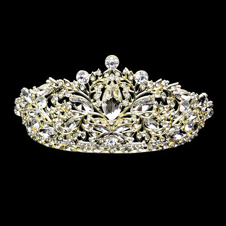 Gold  Multi Stone Embellished Leaf Cluster Pageant Princess Tiara, This elegant shining Stone design, makes you more charm. A stunning Pageant Tiara that can be a perfect Bridal Headpiece. This tiara features precious stones and an artistic design. Makes You More Eye-catching in the Crowd. Suitable for Wedding, Engagement, Prom, Dinner Party, Birthday Party, Any Occasion You Want to Be More Charming.