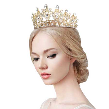 Gold Multi Stone Embellished Queen Tiara. Perfect for adding just the right amount of shimmer & shine, will add a touch of class, beauty and style to your wedding, prom, special events, embellished glass Stone to keep your hair sparkling all day & all night long. Suitable for Wedding, Engagement, Prom, Dinner, Birthday.