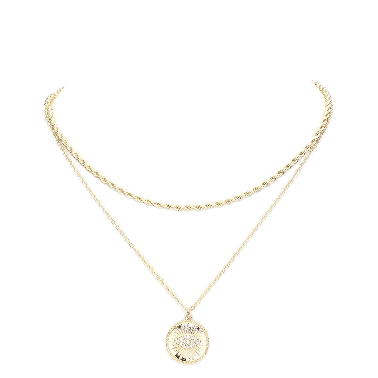 Gold Rhinestone Embellished Evil Eye Round Pendant Layered Necklace, Wear together or separate according to your event, versatile enough for wearing straight through the week, perfectly lightweight for all-day wear, coordinate with any ensemble from business casual to everyday wear, the perfect addition to every outfit. 