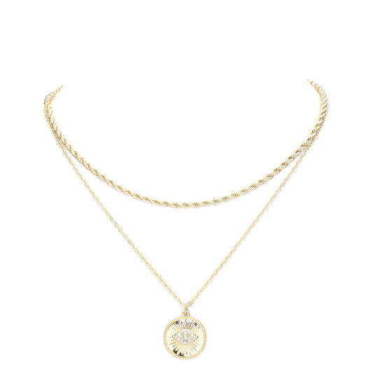 Gold Rhinestone Embellished Evil Eye Round Pendant Layered Necklace, Wear together or separate according to your event, versatile enough for wearing straight through the week, perfectly lightweight for all-day wear, coordinate with any ensemble from business casual to everyday wear, the perfect addition to every outfit. 