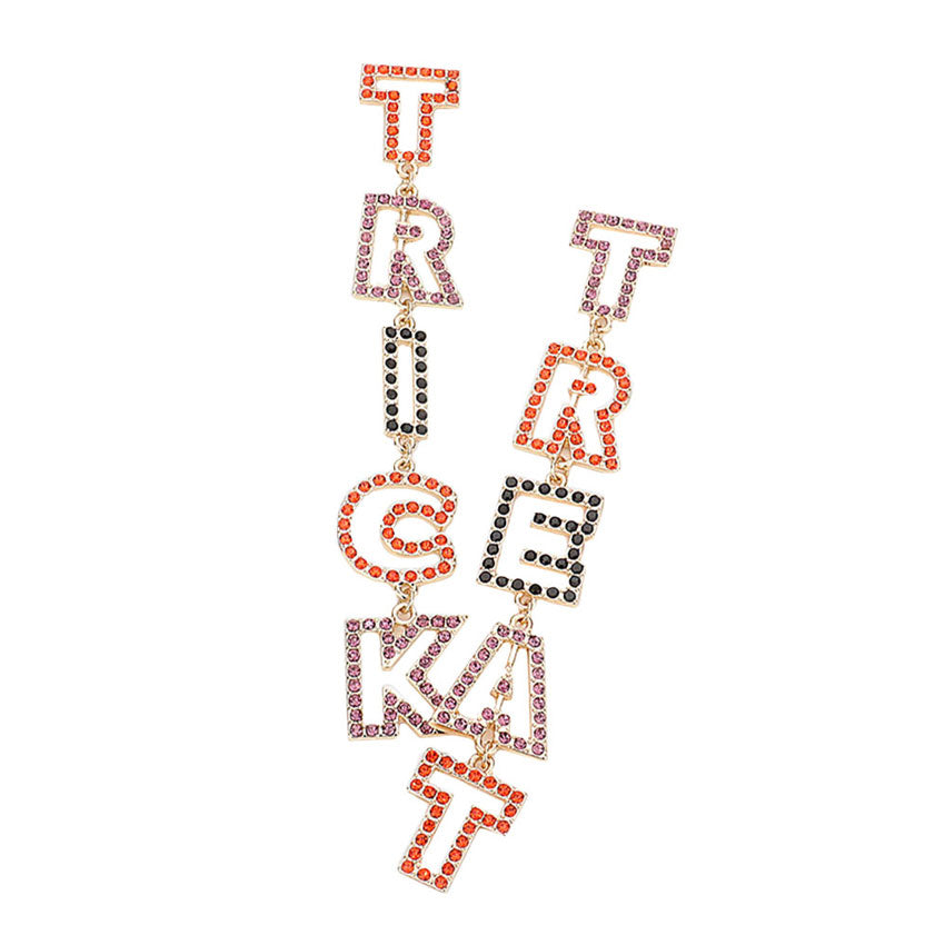 Gold Rhinestone Pave Trick Treat Halloween Message Drop Earrings, Get ready with these Trick Treat letters earrings as part of your Halloween costume. The Rhinestone sparkling and adds a sophisticated & stylish glow to any outfit. This letters earrings can be worn for Halloween parties, cosplay, costume party, display, birthday, events, festivals, and so on, also nice for festive decorations gifts for your friend's and families.