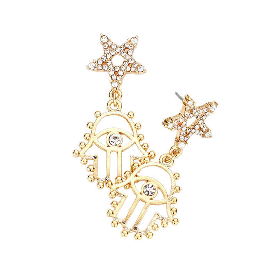 Gold Stone Embellished Star Hamsa Hand Evil Eye Link Dangle Earrings. Beautifully crafted design adds a gorgeous glow to any outfit. Jewelry that fits your lifestyle! Perfect Birthday Gift, Anniversary Gift, Mother's Day Gift, Anniversary Gift, Graduation Gift, Prom Jewelry, Just Because Gift, Thank you Gift.