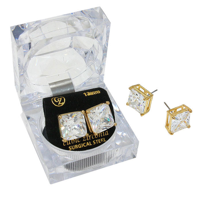 Gold 12 mm Square Crystal Cubic Zirconia CZ Stud Earrings with Clear Box. Look like the ultimate fashionista with these Earrings! Add something special to your outfit this Valentine! special It will be your new favorite accessory. Perfect Birthday Gift, Anniversary Gift, Mother's Day Gift, Graduation Gift, Valentine's Day Gift.