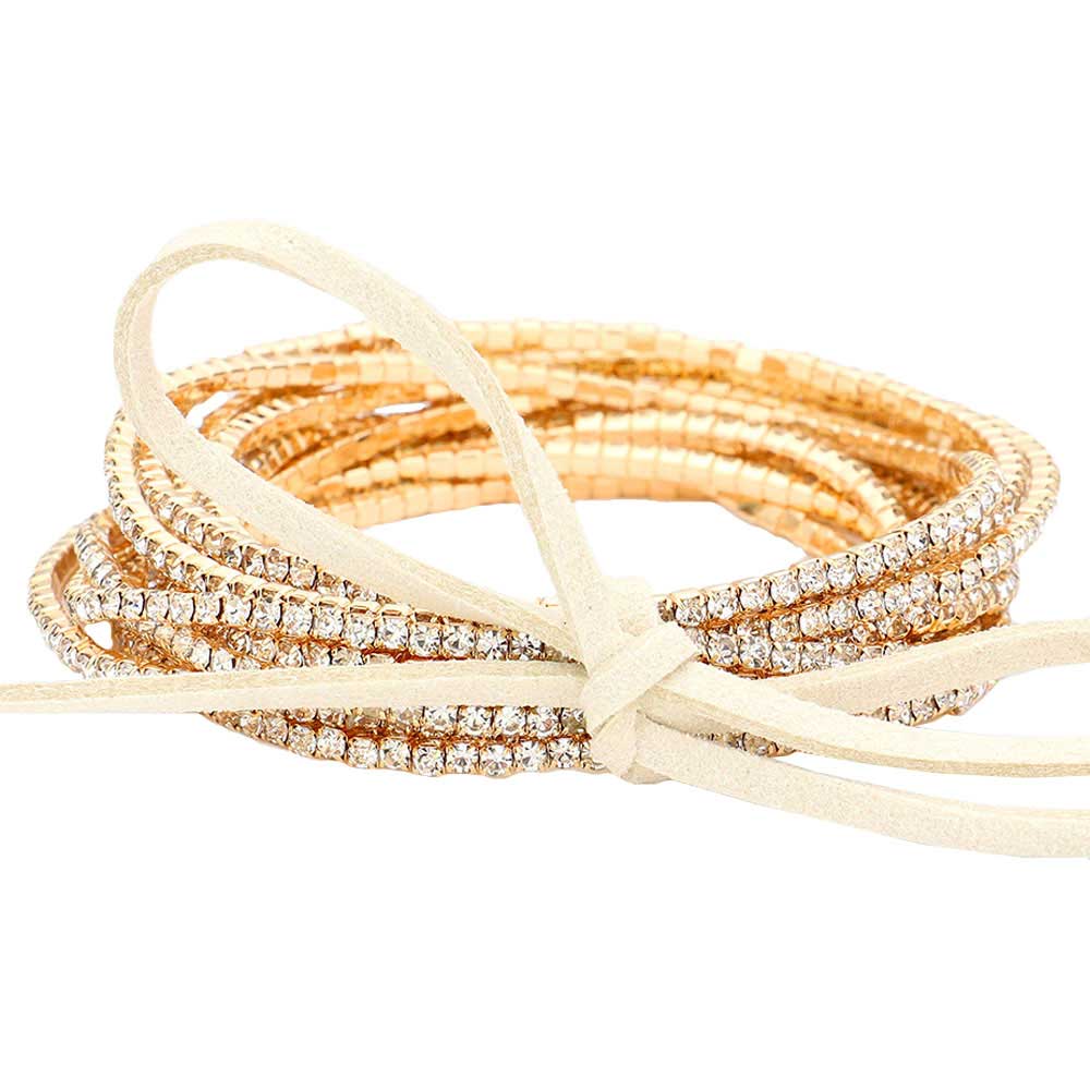 Gold 12PCS Ribbon Colorful Rhinestone Layered Stretch Bracelets. This Rhinestone Stretch Bracelet sparkles all around with it's surrounding round stones, stylish stretch bracelet that is easy to put on, take off and comfortable to wear. It looks modern and is just the right touch to set off LBD. Perfect jewelry to enhance your look. Awesome gift for birthday, Anniversary, Valentine’s Day or any special occasion.