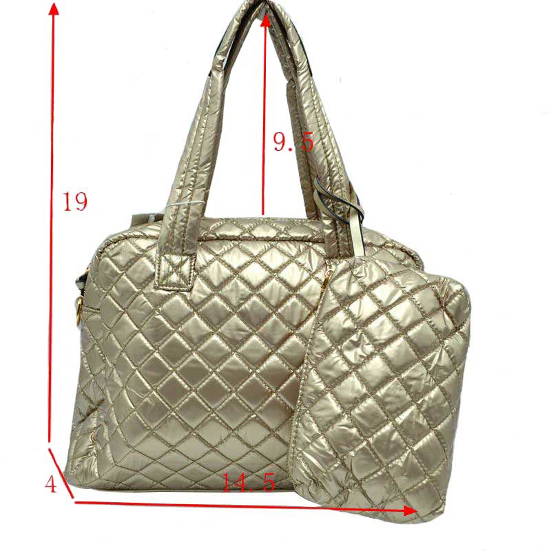 Gold 2 N 1 Large Quilted Tote Bag With Pouch, has plenty of room to carry all your handy items with ease. It also comes with a removable insert bag that doubles as lining to the bag or can be removed and worn as a shoulder bag. Trendy and beautiful bag that amps up your outlook while carrying. Great for different activities including quick getaways, long weekends, picnics, beach, or even going to the gym! Easy to carry with you in your hands or around your shoulders.