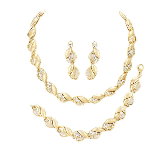 Gold 3PCS Crystal Rhinestone Marquise Necklace Set. Stunning jewelry sets suits any style and occasion wear over your favorite tops and dresses this season!  Adds the perfect accent to your wardrobe. A timeless treasure designed to accent the neckline adds a gorgeous stylish glow to any outfit style, jewelry that fits your lifestyle! This piece is versatile and goes with practically anything! A fabulous gift, ideal for your loved one or yourself.