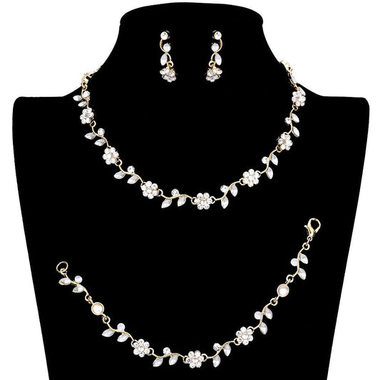 Gold 3PCS Flower Leaf Cluster Rhinestone Necklace Jewelry Set, These gorgeous Rhinestone pieces will show your class on any special occasion. The elegance of these rhinestones goes unmatched. Get ready with these bright stunning fashion Jewelry sets, and put on a pop of shine to complete your ensemble. Simple sophistication gives a lovely fashionable glow to any outfit style. Simple sophistication, dazzling polished, is a timeless beauty that makes a notable addition to your collection.