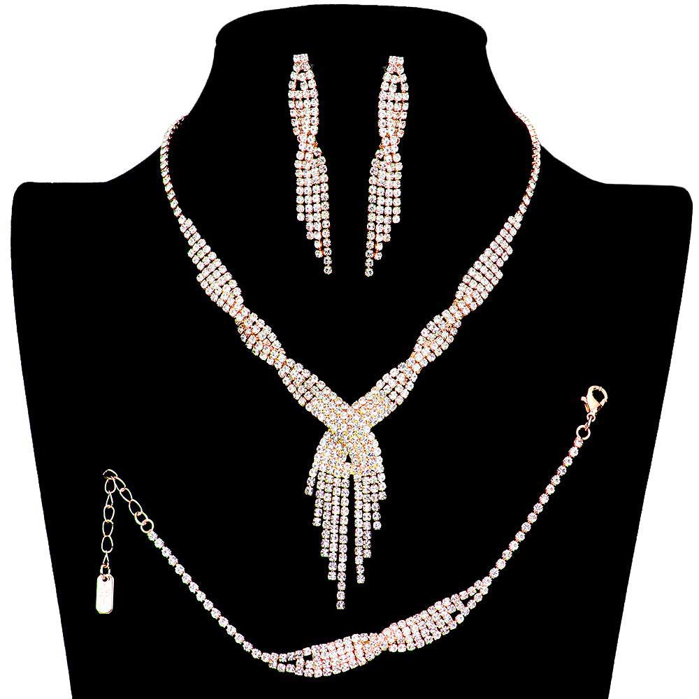 Gold 3PCS Rhinestone Crystal Fringe Necklace Jewelry Set, These gorgeous Rhinestone 3 pieces jewelry will show your class on any special occasion. The elegance of these rhinestones goes unmatched, great for wearing at a party! Perfect for adding just the right amount of glamour and sophistication to important occasions. These classy fringe themed necklaces are perfect for parties, Weddings, and Evenings. Awesome gift for birthdays, anniversaries, Valentine‚Äö√Ñ√¥s Day, or any special occasion.