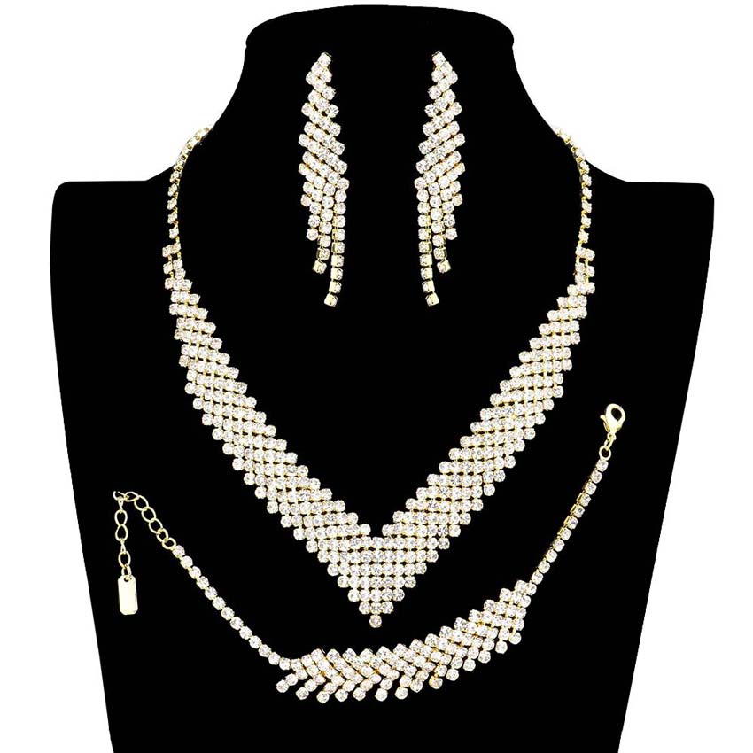 Gold 3PCS Rhinestone Pave Necklace Jewelry Set is a glowing and sparkling beauty that is perfect to show off your glowing look and enrich your beauty to a greater extent. The elegance of these rhinestones goes unmatched, great for wearing on any special occasion! Wear this beautiful jewelry sets to add a gorgeous glow to your special outfit at weddings, wedding showers, receptions, anniversaries, and other special occasions.