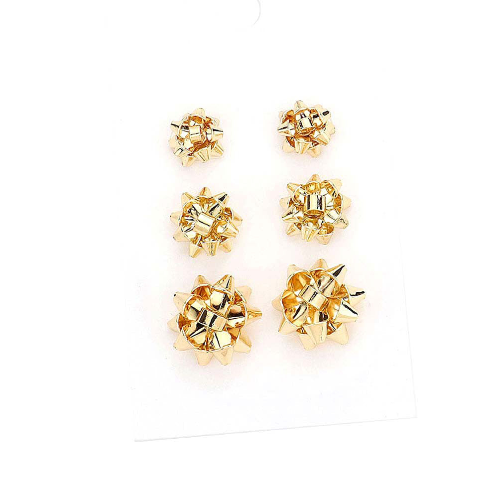 Gold 3Pairs Christmas Bow Stud Earrings, wear over your favorite tops and dresses this season! A timeless treasure designed to add a gorgeous stylish glow to any outfit style. Perfect for adding just the right amount of shimmer & shine and a touch of class to special events. This piece is versatile and goes with practically anything! Fabulous Christmas Gift, Birthday Gift, Mother's Day, Loved one or Just Because!