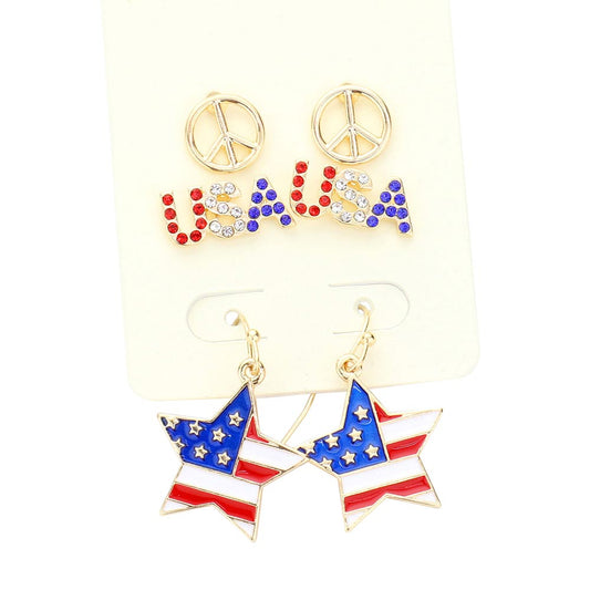Gold 3Pairs Peace Sign USA American Flag Star Earrings, USA flag star earrings are fun handcrafted jewelry that fits your lifestyle, adding a pop of pretty color. Show your love for Your country with these sweet patriotic peace sign earrings. Red, white, and blue are used for a trendy fireworks flare. Enhance your attire with these vibrant artisanal earrings to show off your fun trendsetting style.