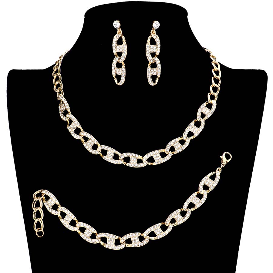 Gold 3Pcs Rhinestone Embellished Metal Link Necklace Jewelry Set, enhance your attire with these vibrant beautiful metal link necklaces to dress up or down your look. Look like the ultimate fashionista with this rhinestone-embellished metal link necklace! add something special to your outfit! It will be your new favorite accessory.