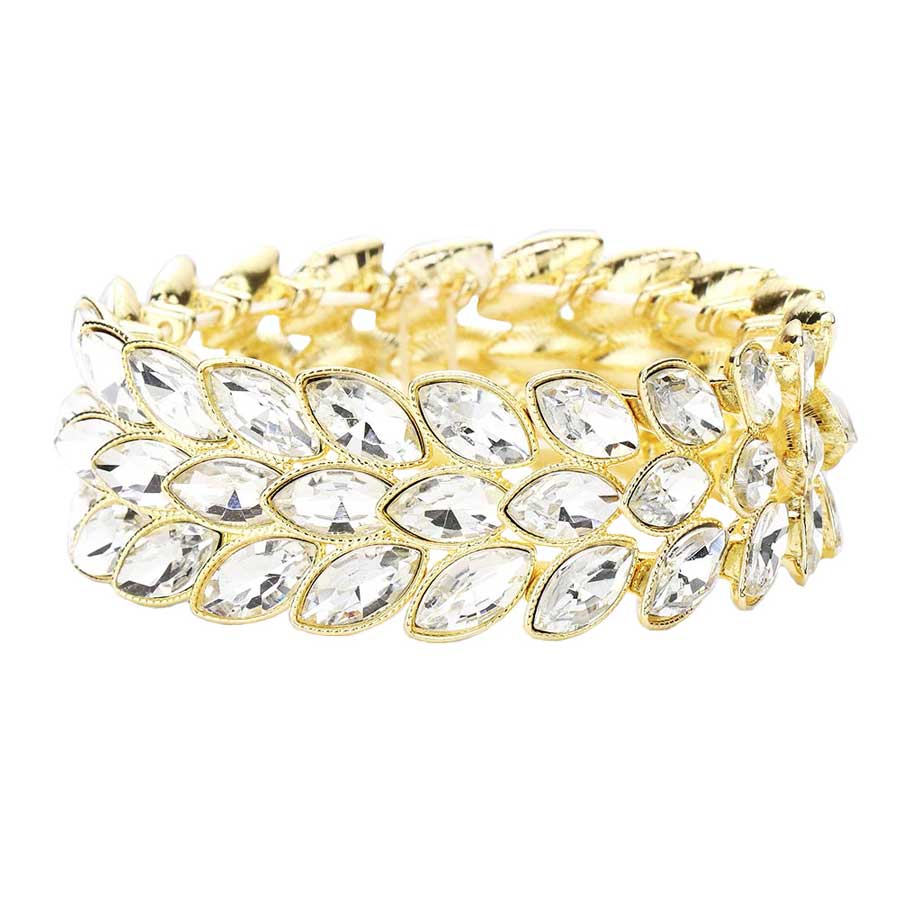 Gold 3Rows Marquise Stone Cluster Stretch Evening Bracelet, This Marquise Stretch Bracelet sparkles all around with it's surrounding round stones, stylish stretch bracelet that is easy to put on, take off and comfortable to wear. It looks modern and is just the right touch to set off LBD. Perfect jewelry to enhance your look. Awesome gift for birthday, Anniversary, Valentine’s Day or any special occasion.