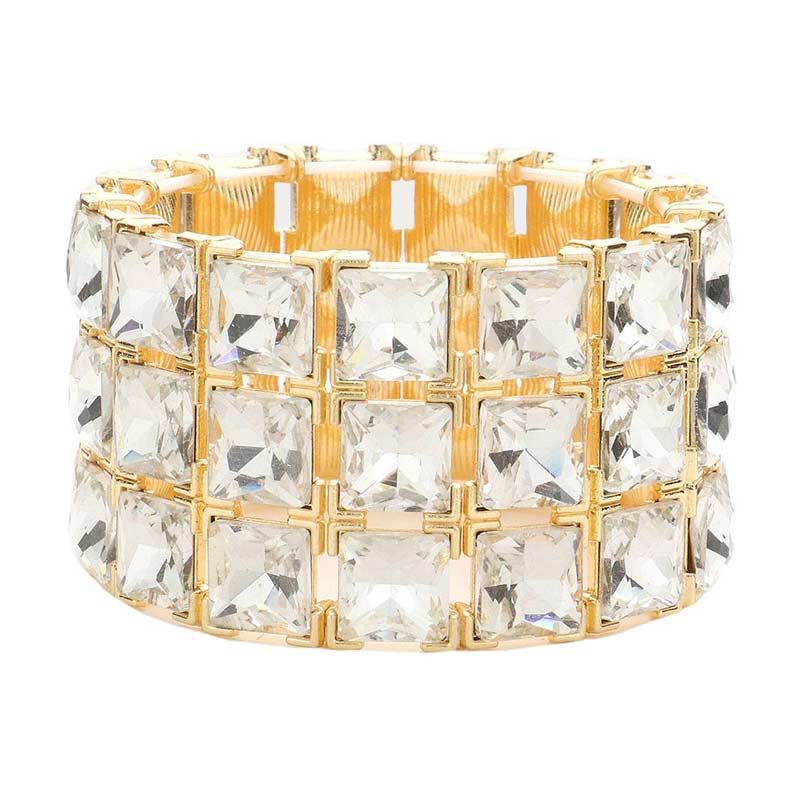 Gold 3Rows Square Stone Stretch Evening Bracelet, Get ready with this stretchable Bracelet and put on a pop of color to complete your ensemble. Perfect for adding just the right amount of shimmer & shine and a touch of class to special events. Wear with different outfits to add perfect luxe and class with incomparable beauty. Just what you need to update in your wardrobe.