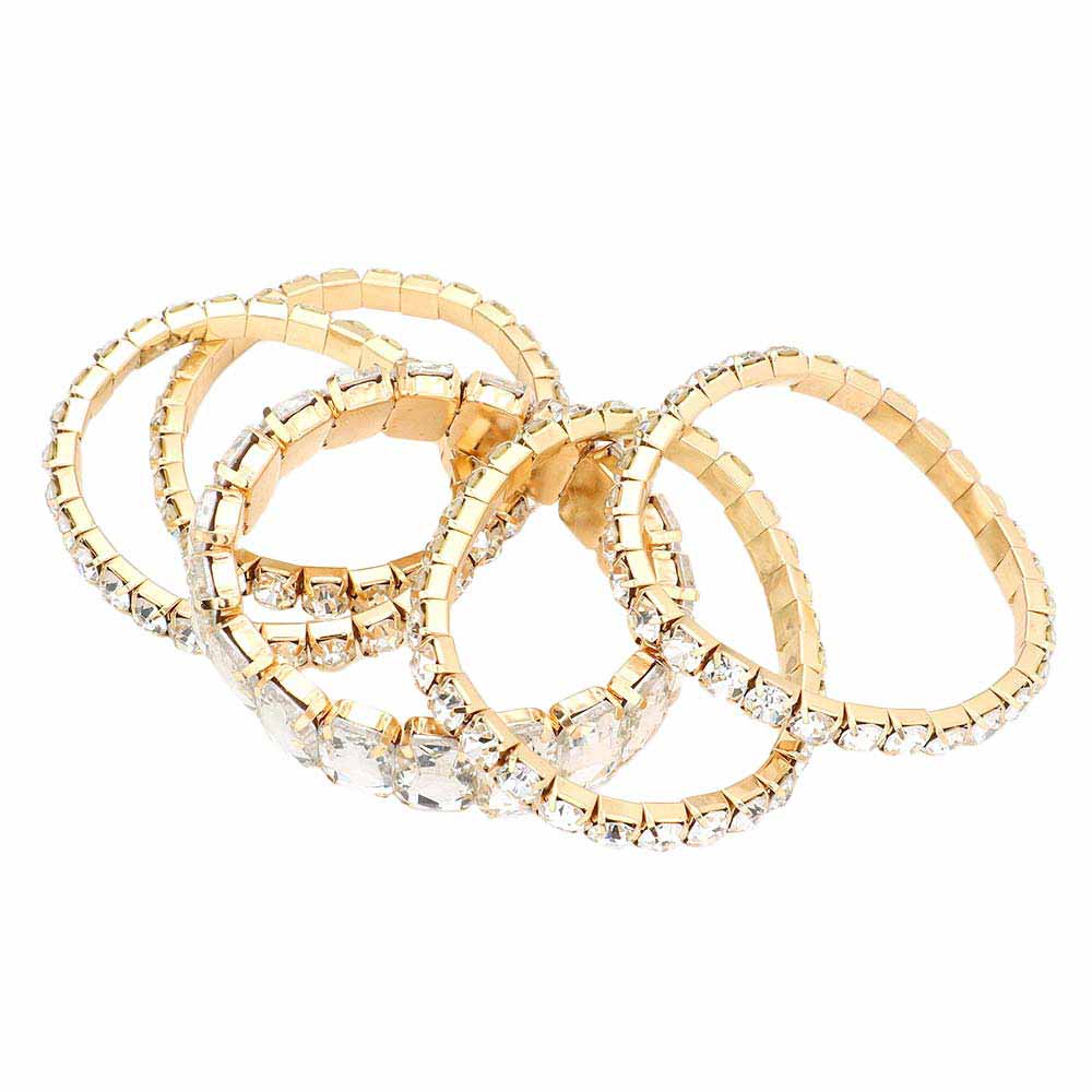 Gold 5PCS Rectangle Round Stone Stretch Multi Layered Bracelets, Add this 5 piece multi layered bracelet to light up any outfit, feel absolutely flawless. perfectly lightweight for all-day wear, coordinate with any ensemble from business casual to everyday wear, put on a pop of color to complete your ensemble. Awesome gift idea for birthday, Anniversary, Valentine’s Day or any special occasion.