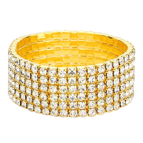 Gold 6 Line Rhinestone Stretch Bracelet. These rhinestone stretch bracelet adds a extra glow to your outfit. Pair these with tee and jeans and you are good to go. Jewelry that fits your lifestyle! It will be your new favorite go-to accessory. Perfect jewelry gift to expand a woman's fashion wardrobe with a classic, timeless style. Awesome gift for birthday, Anniversary, Valentine’s Day or any special occasion.