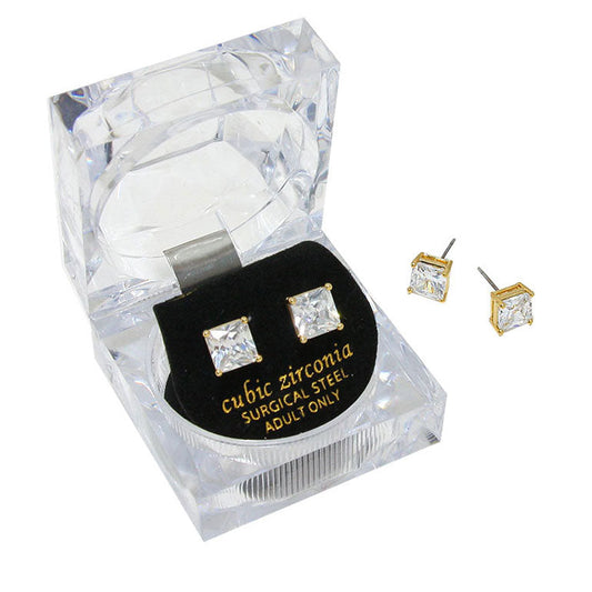 Gold 7 mm Square Crystal Cubic Zirconia CZ Stud Earrings with Clear Box. Beautifully crafted design adds a gorgeous glow to any outfit. Jewelry that fits your lifestyle! Perfect Birthday Gift, Anniversary Gift, Mother's Day Gift, Graduation Gift, Prom Jewelry, Just Because Gift, Thank you Gift, Valentine's Day Gift.