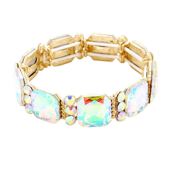 Gold AB Sparkling Emerald Cut Glass Crystal Stretch Bracelet Crystal Bracelet , Glitzy glass crystals, stylish stretch bracelet that is easy to put on, take off and comfortable to wear. The perfect match for your LBD, multiple colors to match your wardrobe, Accent your work or casual attire with this  dazzling bracelet. 