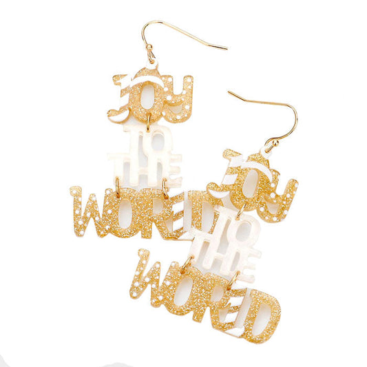 Gold Acetate Christmas Theme Joy The World Dangle Earrings. Beautifully crafted design adds a gorgeous glow to any outfit with Christmas, Message theme. Get into the Christmas spirit with our gorgeous handcrafted Christmas dangle earrings, Bright design with Christmas themed colors and pattern will the perfect choice to your Christmas costumes. Ideal gift for you loved ones, girlfriend, wife, daughter, sisters, share with your family on Christmas.