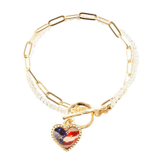 Gold American USA Flag Heart Charm Double Layered Toggle Bracelet, add a statement to your outfit with this beautiful accessory. It’s has beautiful Heart & flag charms in our patriotic vibrant colors. Perfect of any time day or night, great for election day, national holiday, show how much you love this country. 