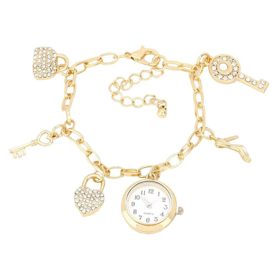 Gold Bag Key Heart Lock Watch Stiletto Charm Station Bracelet Watch,add something special to your outfit! put on a pop of color to complete your ensemble. Perfect for adding just the right amount of shimmer & shine and a touch of class to special events. Perfect Birthday Gift, Anniversary Gift, Mother's Day Gift, Graduation Gift.
