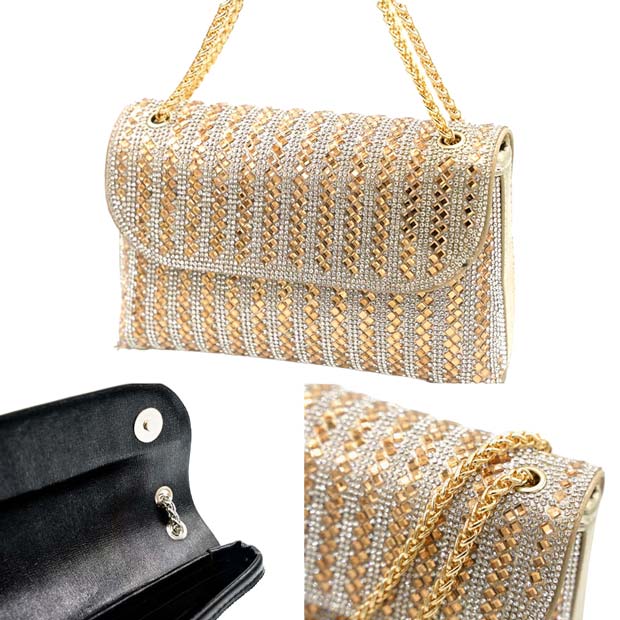 Gold Bling Flap Bag Shoulder Crossbody Evening Bag, is the perfect choice to carry on the special occasion with your handy stuff. It is lightweight and easy to carry throughout the whole day. You'll look stunning and the ultimate fashionista while carrying this trendy Crossbody Evening Bag. The flap cover makes it secure. This stunning Crossbody bag is perfect for weddings, parties, evenings, cocktail parties, wedding showers, receptions, proms, etc.