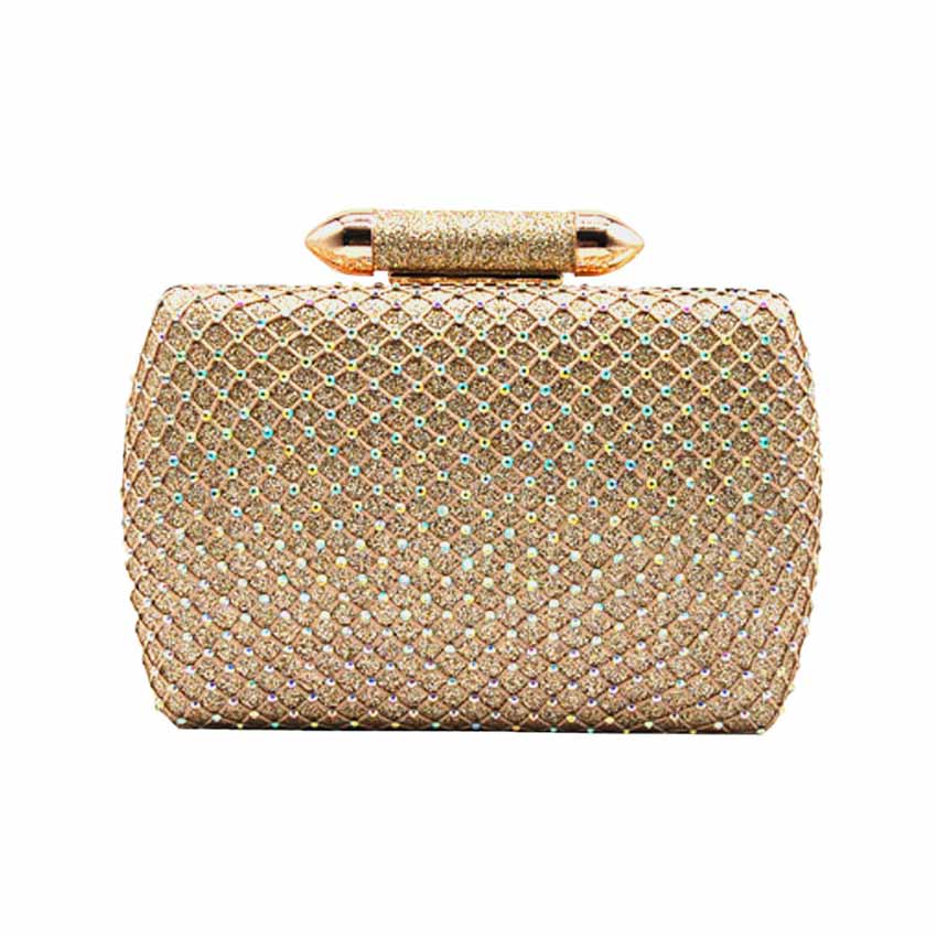 Gold Bling Rectangle Evening Clutch Crossbody Bag, These Bling details Clutch bags are fit for all occasions and places. perfect for makeup, money, credit cards, keys or coins, and many more things. This handbag features a top Clasp Closure for security and contains a detachable shoulder chain that makes your life easier and trendier. Its catchy and awesome appurtenance drags everyone's attraction to you. Perfect gift ideas for a Birthday, Holiday, Christmas, Anniversary, Valentine's Day, etc. 