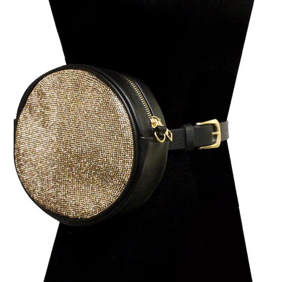 Gold Rhinestone Pave Bling Round Clutch Crossbody Chain Belt Bag Fanny Pack, look like the ultimate fashionista when carrying this small chic bag, great for when you need something small to carry or drop in the bag. Perfect Birthday Gift, Valentine's Day Gift, Anniversary Gift, Love You Gift, Mother's Day Gift, Thank you Gift