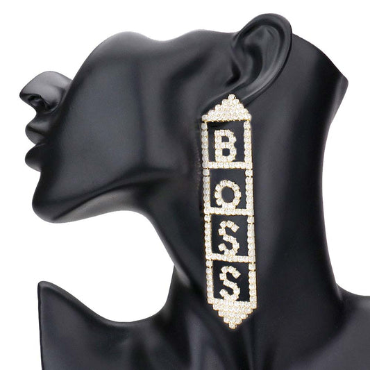 Gold Boss Rhinestone Pave Message Earrings, glitter with the perfect boldness and drags your confidence out. These bold and shiny earrings fit with your valiant characteristics and with any costume. Its conspicuous look draws attention to you and shows your active presence at Parties, Outdoor, at Office, on Halloween, Anniversary, Birthday, and any other occasion. A beautiful gift for your boss, friends, family, and loved ones. Enjoy your moments with glowing confidence.