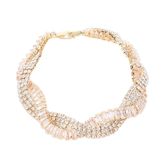 Gold Braided CZ Evening Bracelet. Get ready with these Braided CZ Evening Bracelet, put on a pop of color to complete your ensemble. Perfect for adding just the right amount of shimmer & shine and a touch of class to special events. Perfect Birthday Gift, Anniversary Gift, Mother's Day Gift, Graduation Gift, Prom Jewelry, Thank you Gift.