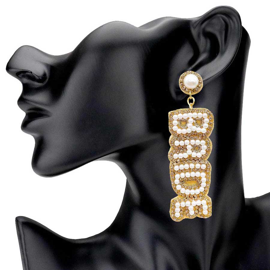 Gold Bride Felt Back Pearl Rhinestone Message Dangle Earrings. Fun handcrafted jewelry that fits your lifestyle, adding a pop of pretty color, perfect for Bachelorette Party and Wedding shower. Enhance your attire with these vibrant artisanal earrings to show off your fun trendsetting style.