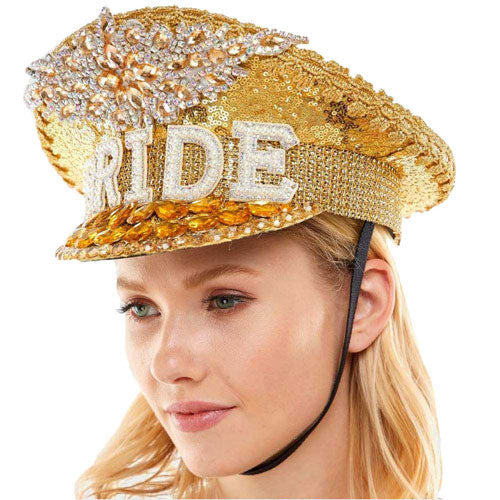 Gold Bride Message Accented Sequin Bling Hat. This visor hat with Bride Tribe Message is Open top design offers great ventilation and heat dissipation. Features a roll-up function; incredibly convenient as it is foldable for easy storage or for taking on the go while traveling. This Summer sun  hat is perfect for walking along the beach, hanging by the pool, or any other outdoor activities. 