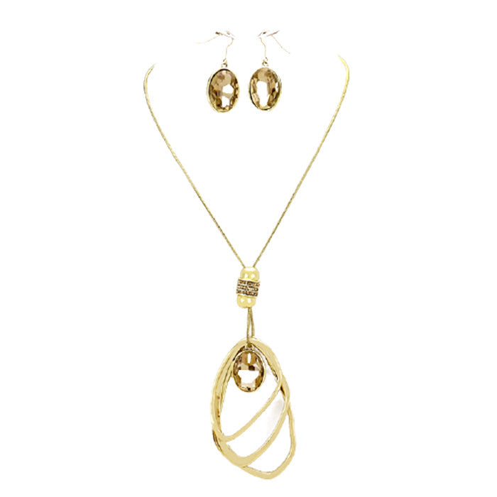 Gold Oval Glass Crystal Triple Abstract Hoop Necklace with earrings set; exquisite beautifully crafted charms add a gorgeous glow to any outfit. Perfect Birthday Gift, Anniversary Gift, Mother's Day Gift, Anniversary Gift, Graduation Gift, Prom Jewelry, Just Because Gift, Thank you Gift, Keepsake Gift, Mom Gift