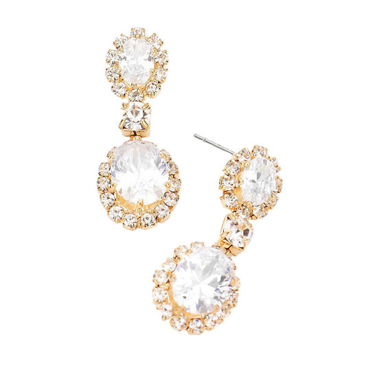 Gold CZ Double Oval Accented Dangle Evening Earrings. Beautifully crafted design adds a gorgeous glow to any outfit. Jewelry that fits your lifestyle! Perfect Birthday Gift, Anniversary Gift, Mother's Day Gift, Anniversary Gift, Graduation Gift, Prom Jewelry, Just Because Gift, Thank you Gift.
