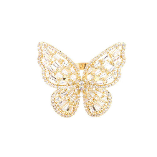 Gold CZ Glass Stone Embellished Butterfly Ring. Butterfly represents transformation and new beginnings. If you are drawn to classy and refined styles, this exquisite ring is the best match for you. Jewelry that fits your lifestyle! This butterfly ring is a great gift for a bugs insects admirer. Perfect Birthday Gift, Anniversary Gift, Mother's Day Gift, Valentine's Gift, Graduation Gift, Just Because Gift, Thank you Gift.