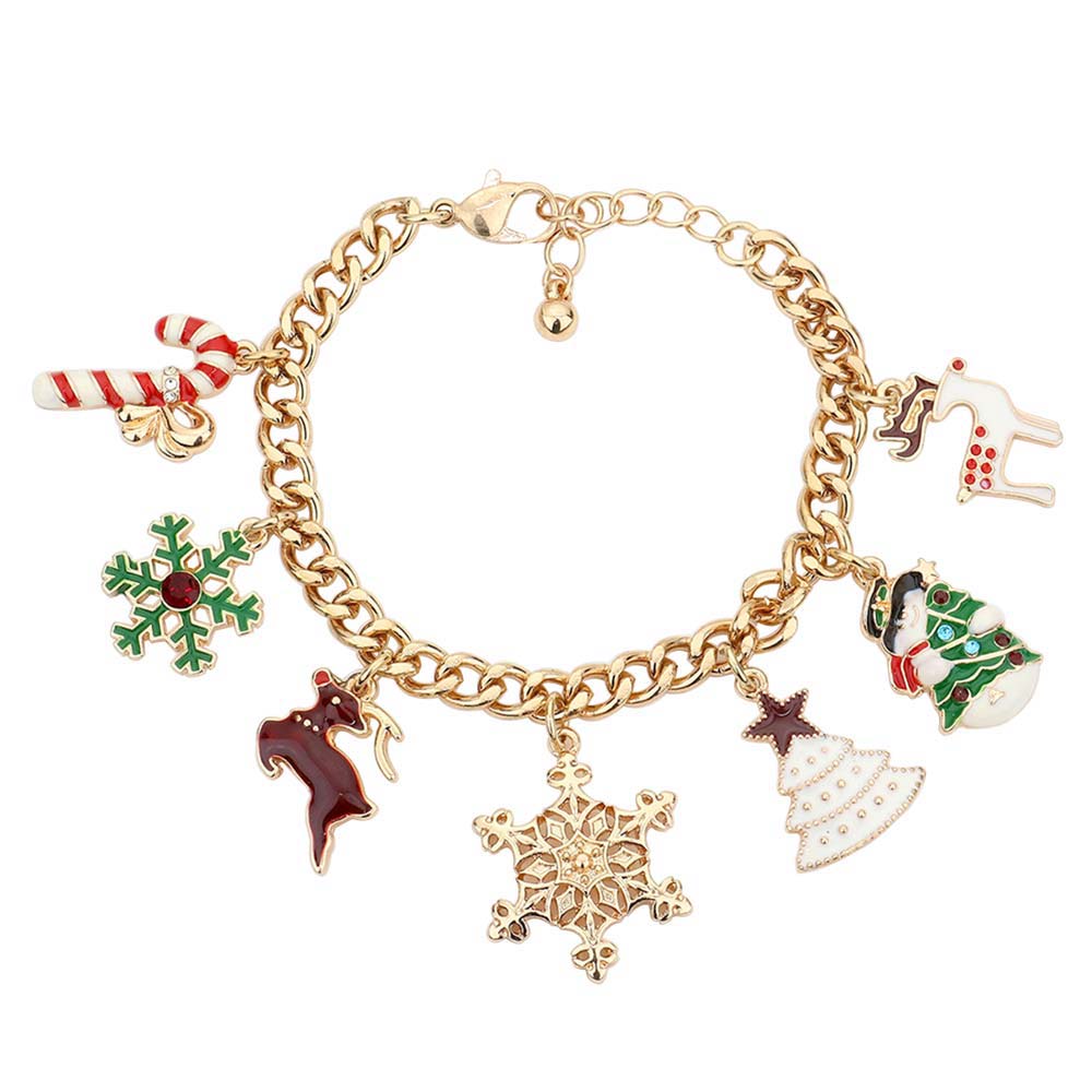 Gold Candy Cane Rudolph Christmas Tree Snowman Charm Bracelet, Get ready for Christmas with these bracelet. Carry the spirit of Christmas with you wherever you go. Perfect for adding just the right amount of shimmer & shine and a touch of class to special occasion. These Adorable bracelet are bound to cause a smile or two at the Christmas party. Perfect Gift December Birthdays, Christmas, Stocking Stuffers, Secret Santa, BFF, etc. Enjoy Christmas with absolute joy!  