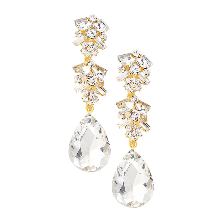 Gold Chunky Pear Crystal Floral Evening Drop Earrings, put on a pop of color to complete your ensemble. Perfect for adding just the right amount of shimmer & shine and a touch of class to special events. Perfect Birthday Gift, Anniversary Gift, Mother's Day Gift, Graduation Gift.