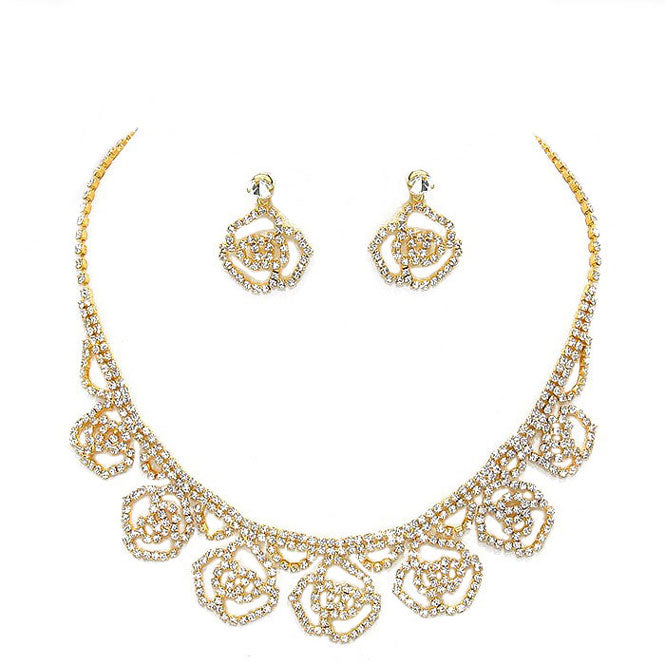 Gold Clear Crystal Rhinestone Rose Collar Necklace, Wear together or separate according to your event, versatile enough for wearing straight through the week, perfectly lightweight for all-day wear, coordinate with any ensemble from business casual to everyday wear, the perfect addition to every outfit.