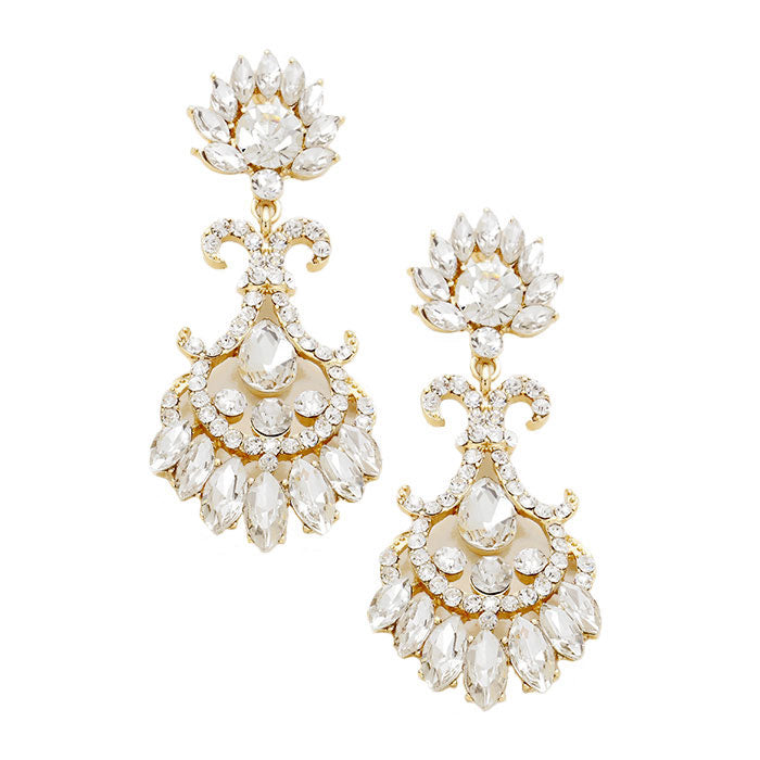 Gold Clear Glass Crystal Flame Statement Evening Earrings, put on a pop of color to complete your ensemble. Perfect for adding just the right amount of shimmer & shine and a touch of class to special events. Perfect Birthday Gift, Anniversary Gift, Mother's Day Gift, Graduation Gift.