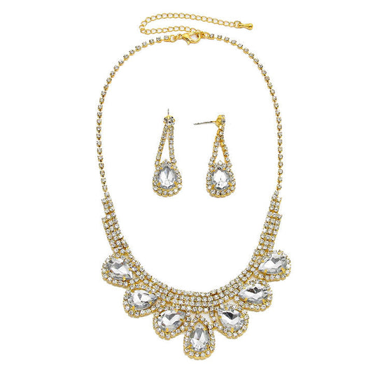 Gold Rhinestone Teardrop Collar Necklace, Wear together or separate according to your event, versatile enough for wearing straight through the week, perfectly lightweight for all-day wear, coordinate with any ensemble from business casual to everyday wear, the perfect addition to every outfit. 