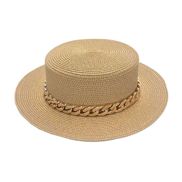 Gold Colored Chain Band Panama Sun Hat, adds a great accent to your wardrobe, Unique, timeless and classic. Panama Sun Hat looks cool and fashionable. Perfect for that bad hair day, or simply casual everyday wear; Makes a great gift for that fashionable on-trend friend of yours. Perfect for keeping the sun off of your face, neck, and shoulders.